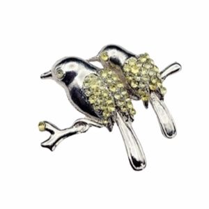 Lovebirds Sitting On a Branch Rhinestone Feathers Brooch